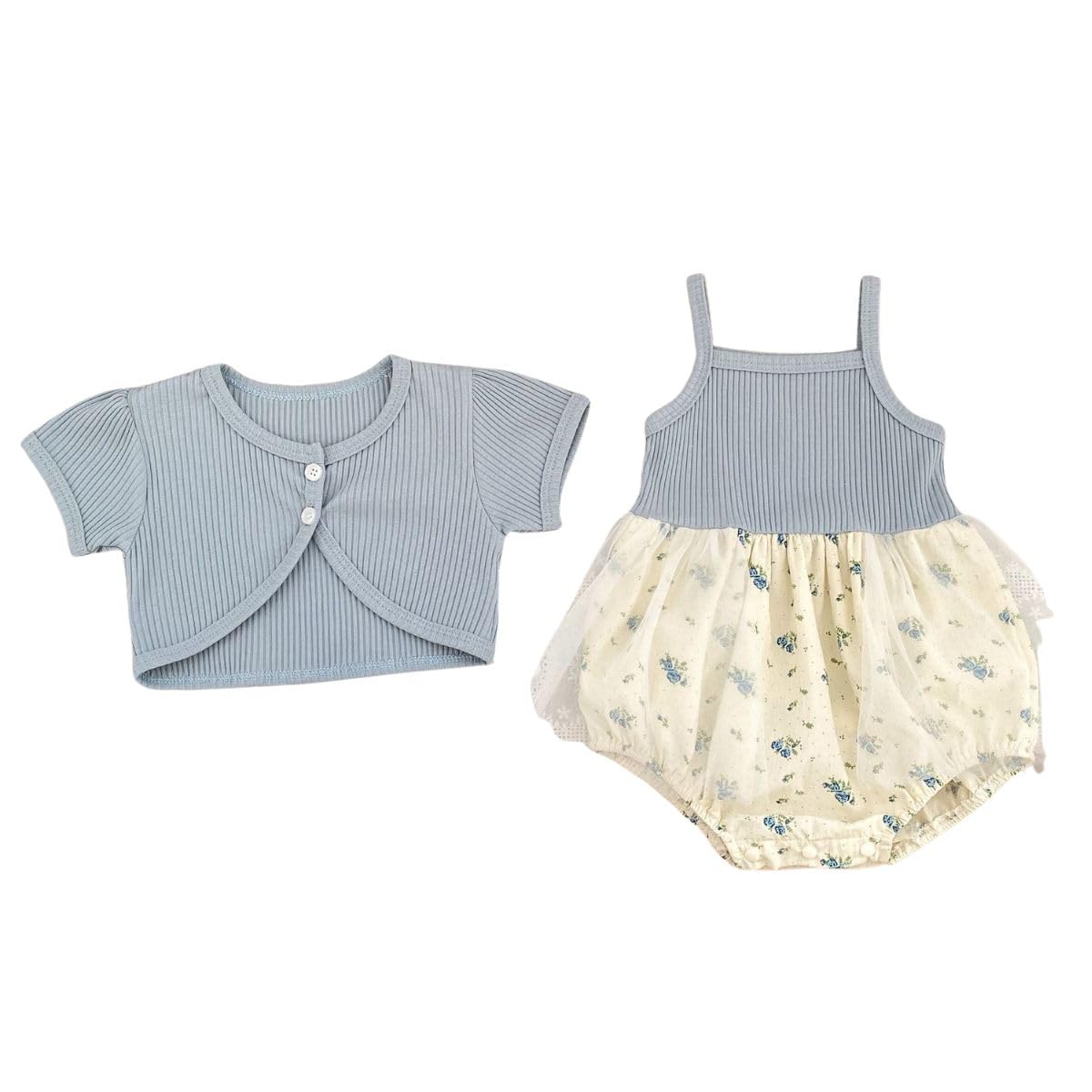 

короткий детский детский душ цветочный узор [lua Citron] набор из 2 предметов, кардиган, ромпер, комбинезон, рукав, одежда, подарок, девочка, весна, лето, осень, синий