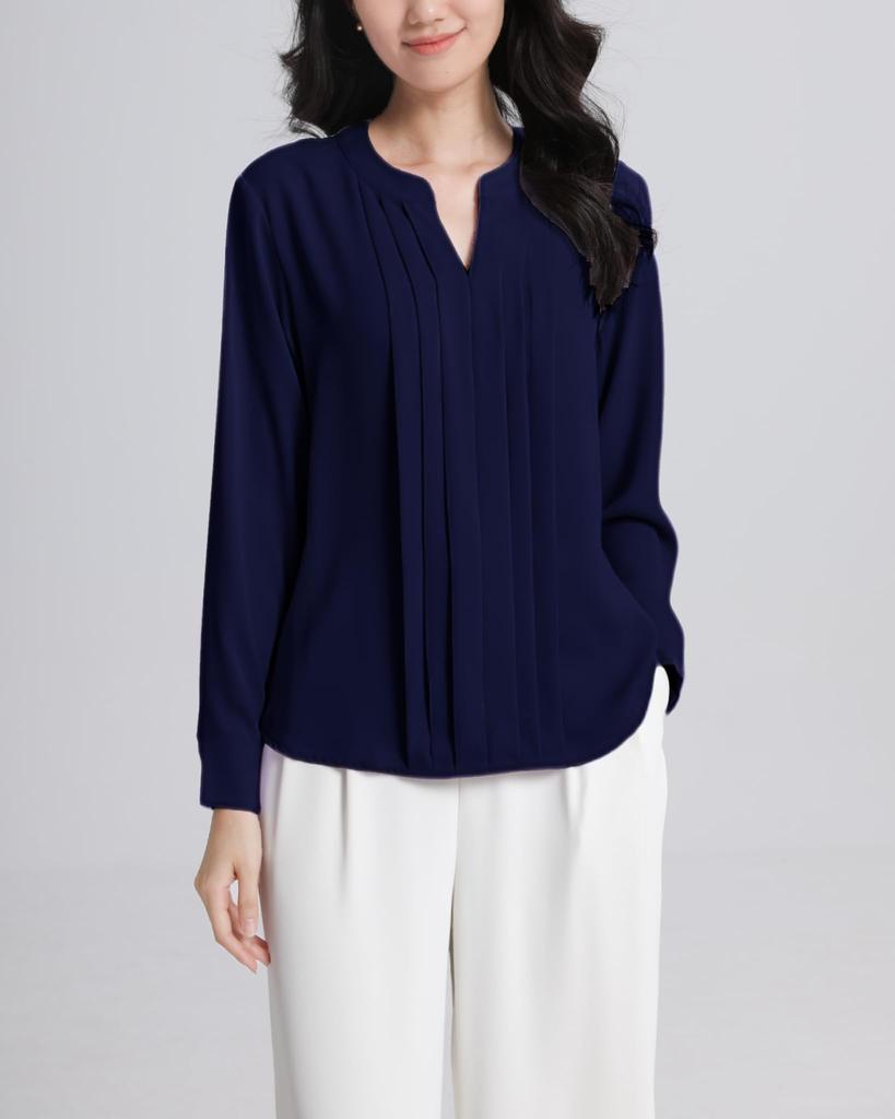 SPRING SEAON Long Sleeve Chiffon Blouse with Tucked Loose Plus Sizes Suitable for and Everyday Size 2L Women's V-Neck Detail, Fit, Available, Suits,