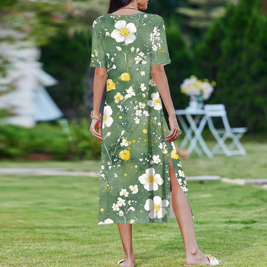 Ladies' Fashionable Summer Retro Floral Print Dress, Casual Beach Dress, Slender Vacation Dress