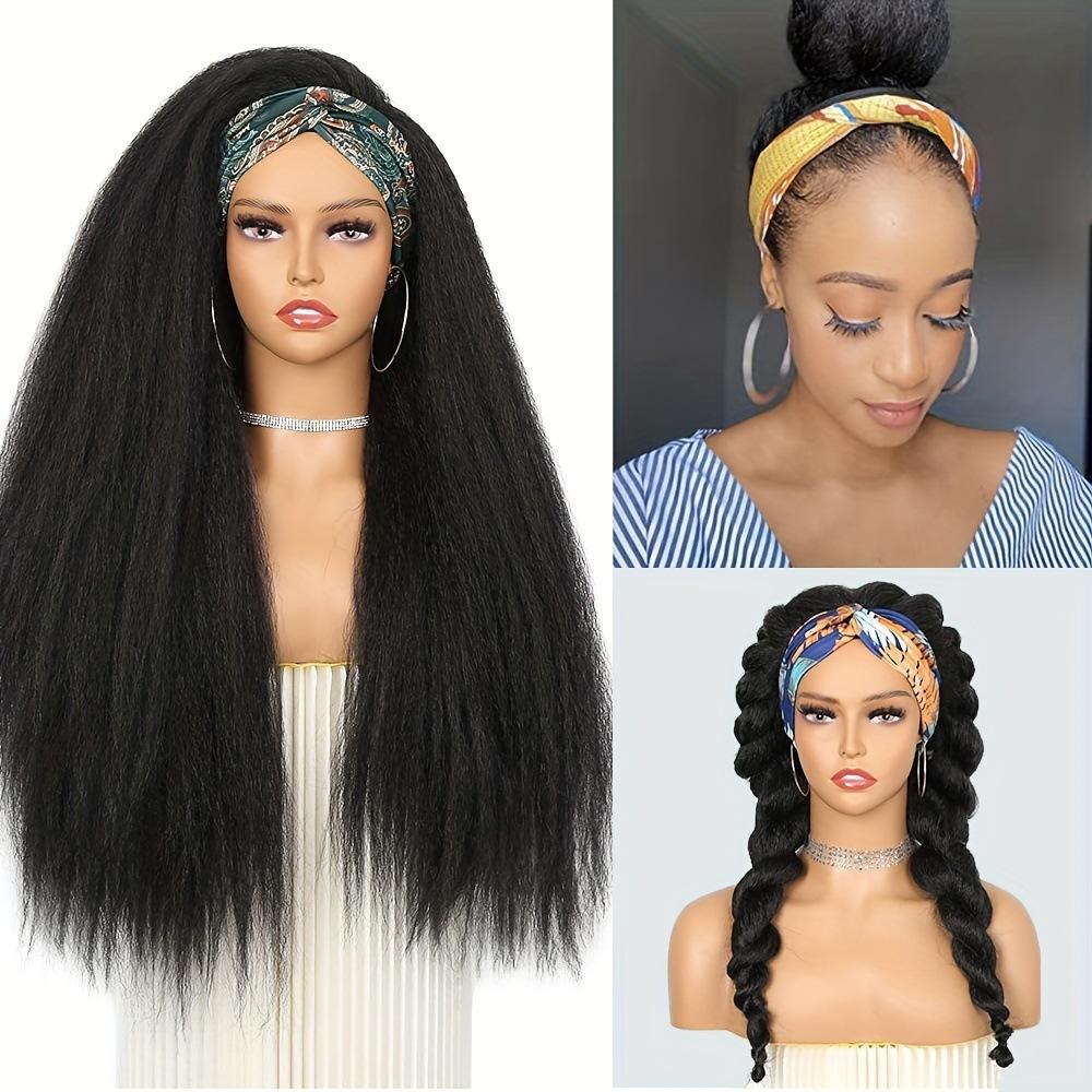 Afro Yaki Straight Headband Wigs None Lace Front Synthetic Long Straight Wig for Women Elastic Band Long Wig