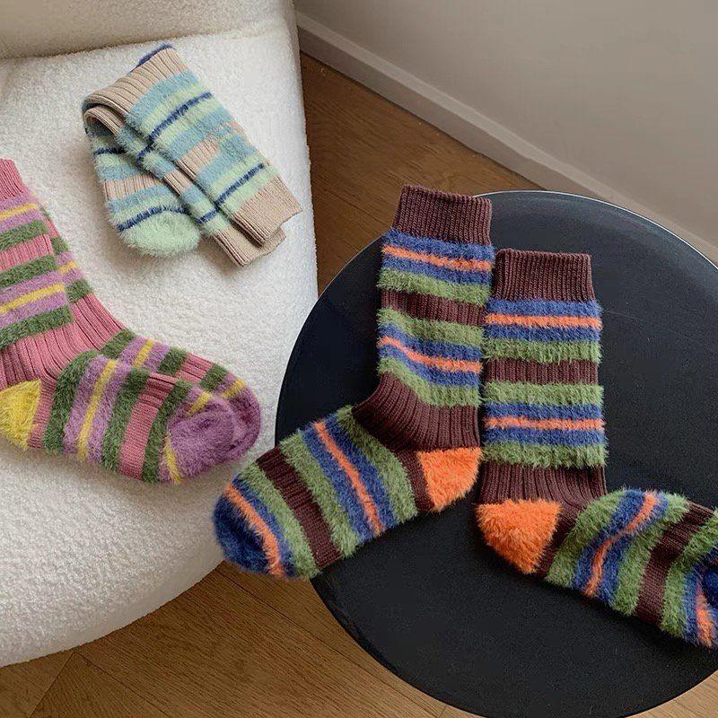 Female Winter New Style Plush and Thick Color Stripes Students All with Long Socks