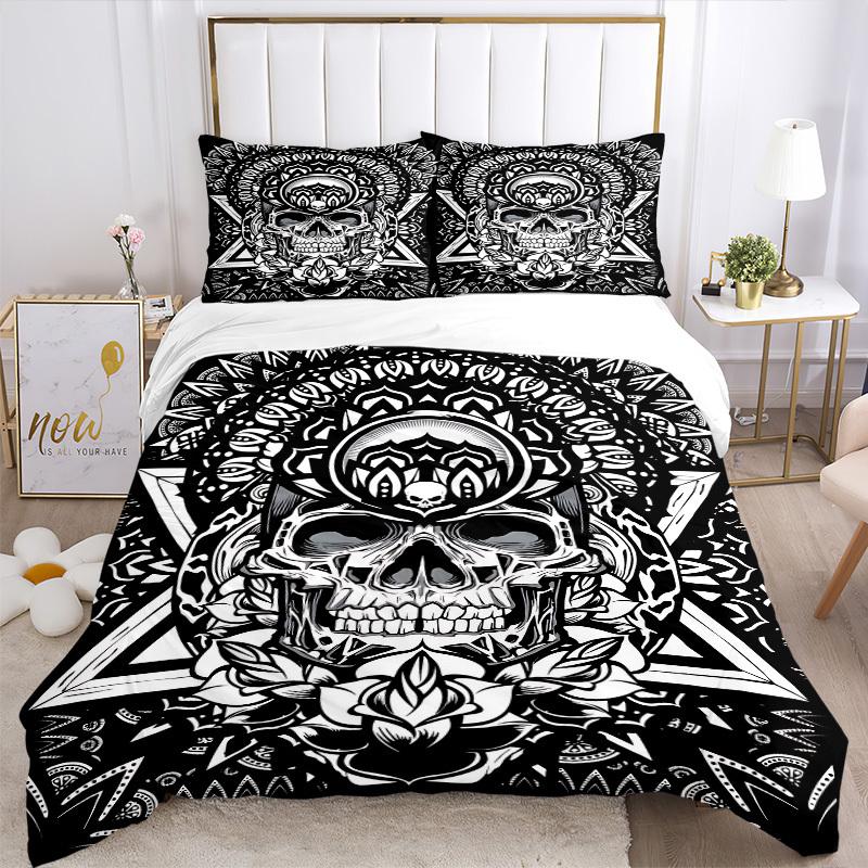 3pcs Skull Mandala Art Duvet Cover Set, Cover For Bedroom Guest Room (1 Duvet Cover + 2 Pillowcase, Without Quilt), Yy250922146
