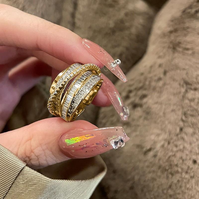 French Luxury Copper Zirconia Multi-layer Adjustable Women's Ring