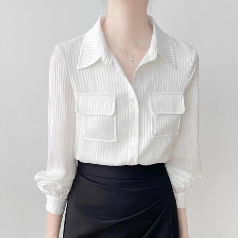 

Womens Textured Striped Pocket Button-Down Blouse S белый