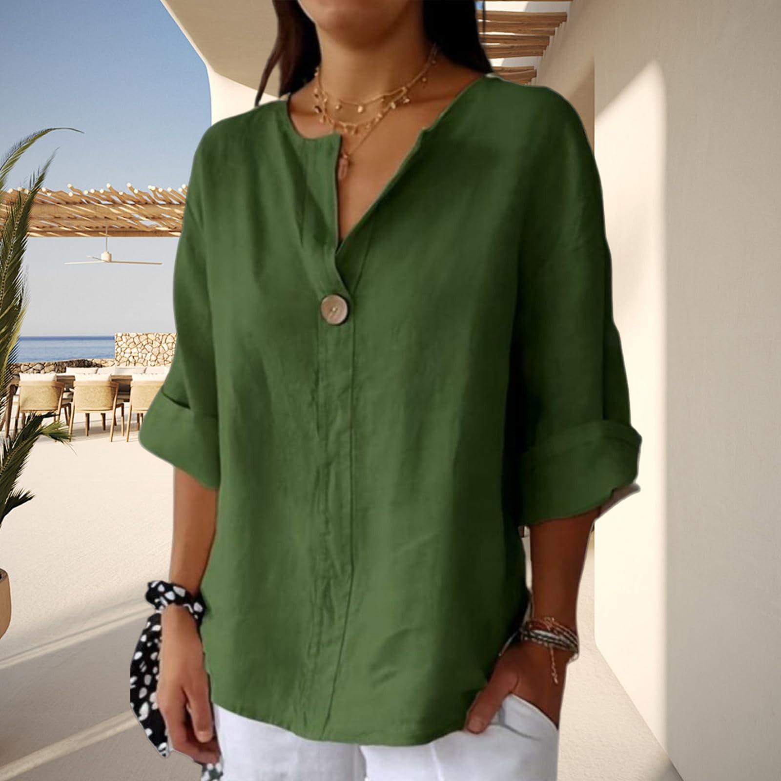 

Women s Fashion Casual V-Neck Buttoned 3/4 Sleeve Cotton Linen Top XXXL армія зелений колір