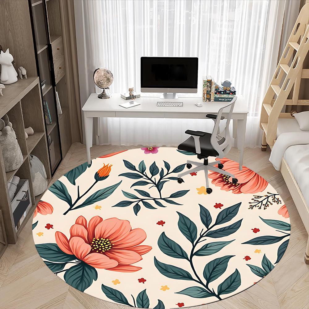 1 Stück runder Teppich mit Blumenmuster für das Büro, Indoor-Matte geeignet für Büro, unter Bürostühlen, Schlafzimmer, Wohnzimmer, Heimdekoration, Raumdeko