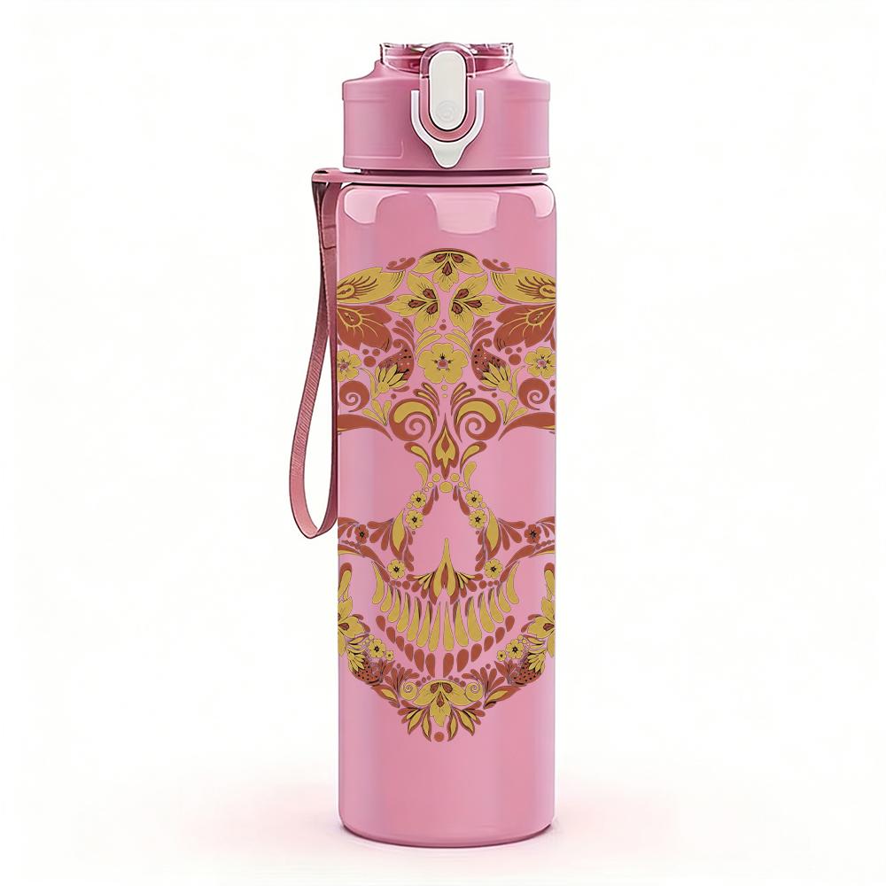 1PC Ornate Floral Skull Retro Art Print 750ml Portable Sports Water Bottle Leakproof Gym Outdoor Travel Drink Cup