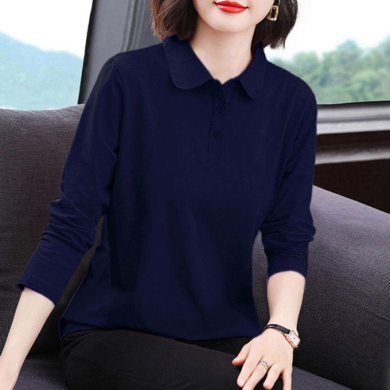 Solid Color Long Sleeve Polo Shirt for Middle-Aged Women - Spring/Autumn Pure Cotton Lapel Top with Collar