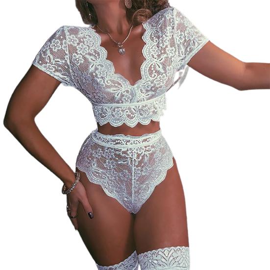 Underwear Lace Crochet Stitching Skin-friendly Spandex Women Sexy Sleepwear Set for Daily Wear