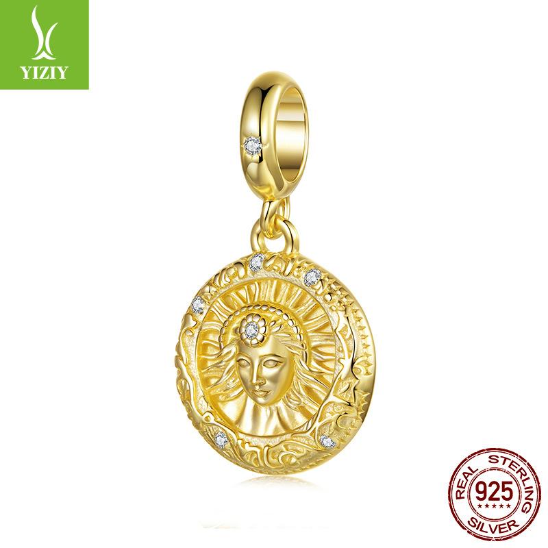 S925 Sterling Silver Plated Gold Sun Muse Pendant Accessories Brave Free Round Diy Beads