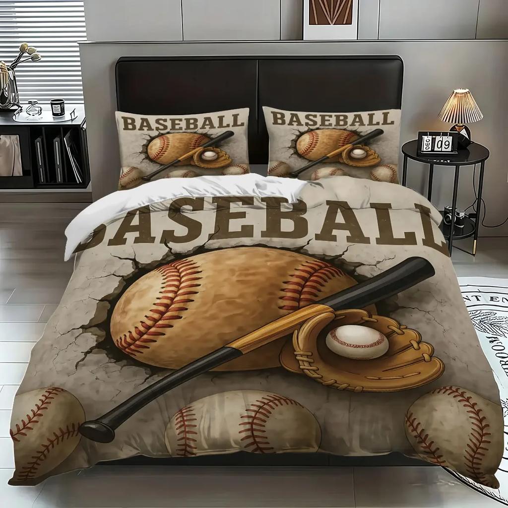 3Pcs Baseball Pattern Bedding Set, For Girls, Teenagers And Adult'S Bedroom, 1*Quilt Cover+2*Pillowcase, For Single Bed