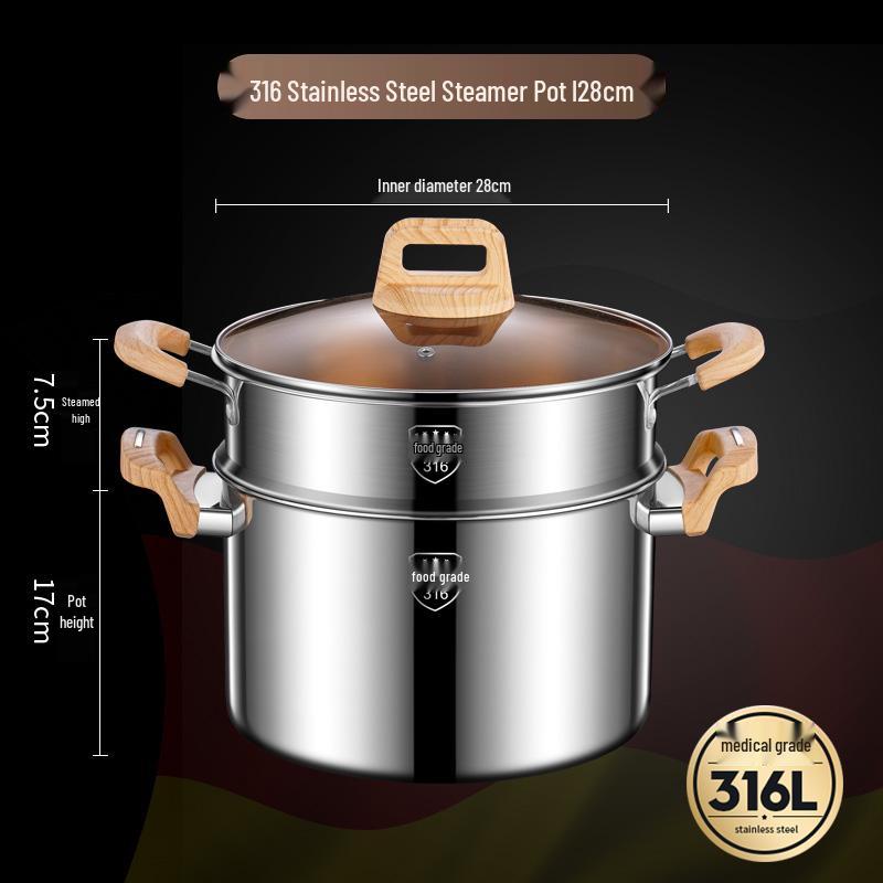 Extra-High 316L Stainless Steel Steamer Pot, Rivet-Free, Anti-Scald, Large Capacity for Porridge/Soup