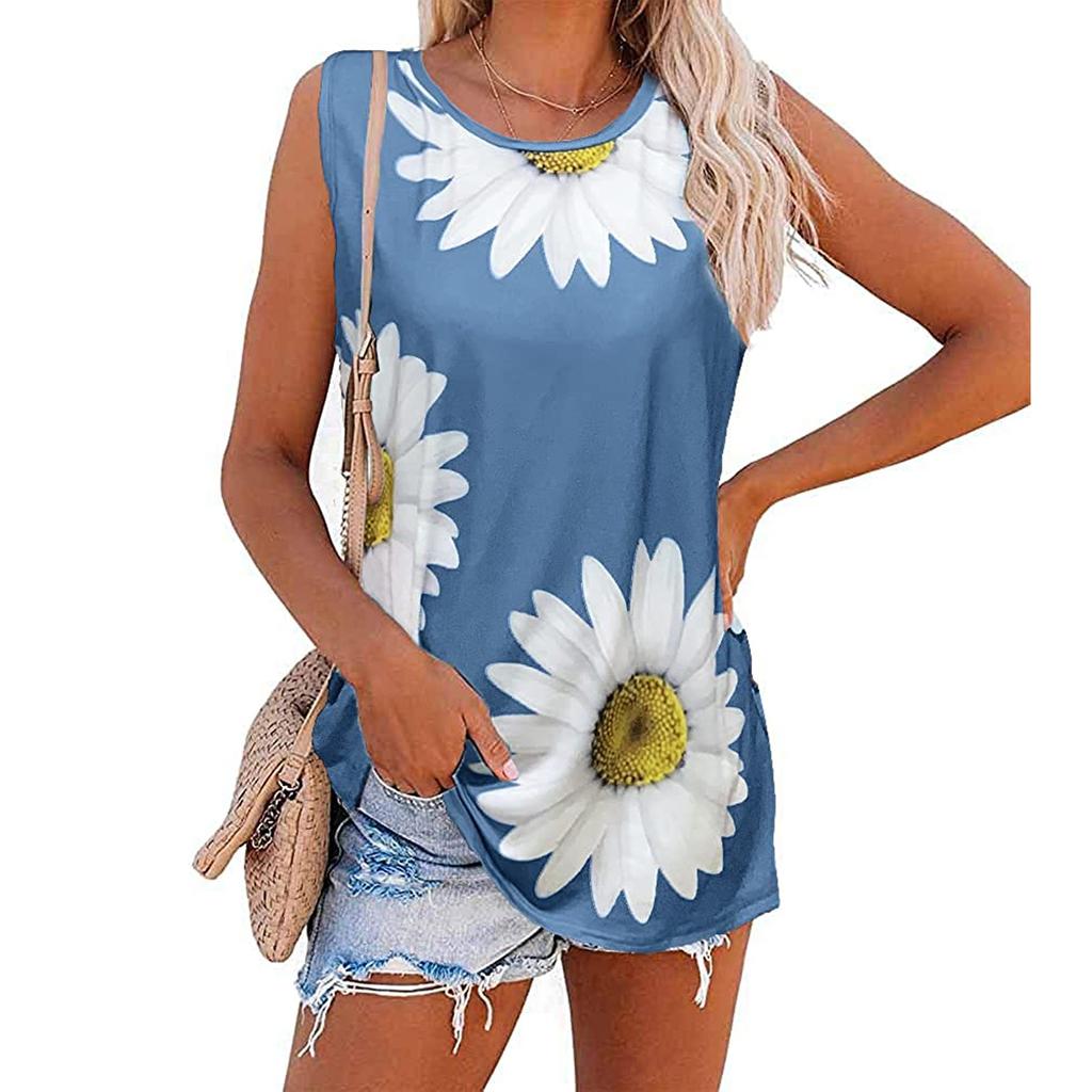 Women's Printed Tank Top Casual Loose Chrysanthemum Sleeveless Round Neck Top