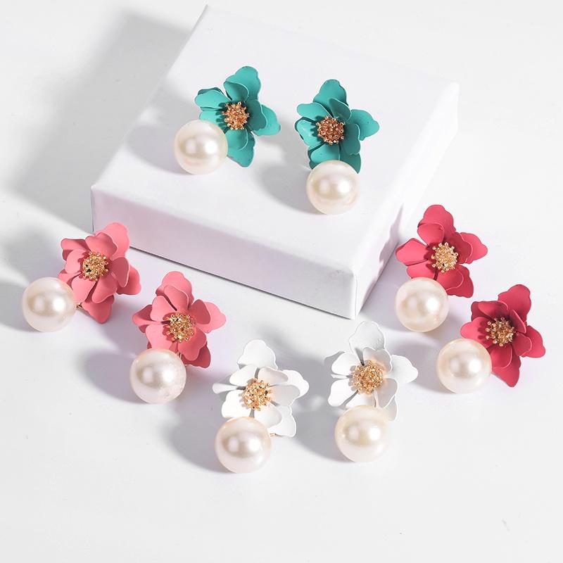 Yutsai Korean Flower Painting Earrings Imitation Pearls Alloy Stud Earrings Elegant Fashion Jewelry OG071