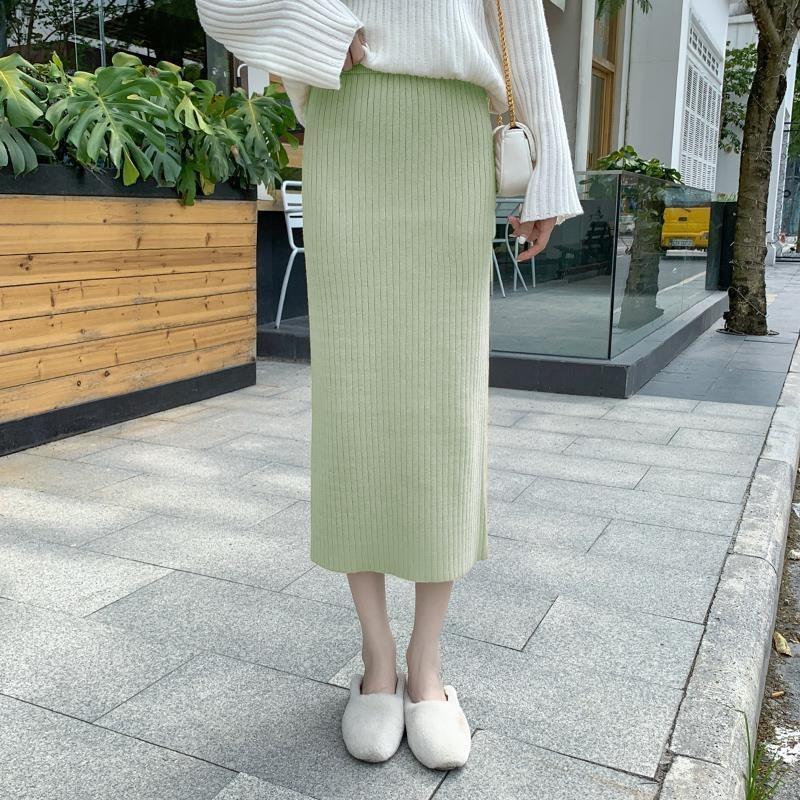 Autumn Winter Women's Knitted Half Skirt High Waist Midi Wool Versatile Split Bodycon Long Skirt to Match Sweaters