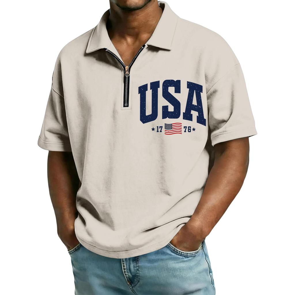Men’s Short Sleeve Polo Shirt with Half Zip Collar USA Letter Print and Flag Embroidery Casual Fit Top