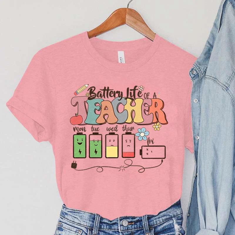 Battery Life of Teacher Print T Shirt Women Summer Tshirt Casual Female Tees for Lady Short Sleeve Kpop Y2k Tops Harajuku