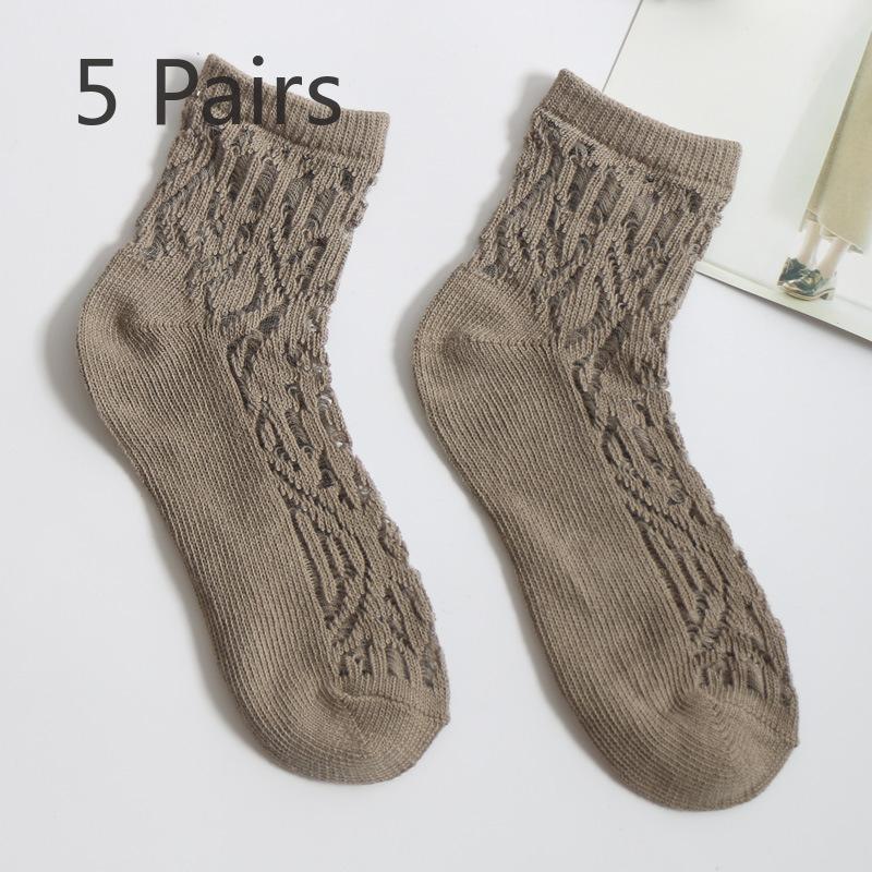 5 Paires Chaussettes Treillis Losanges Creux Respirantes Tube Chaussettes en Coton pour Femmes