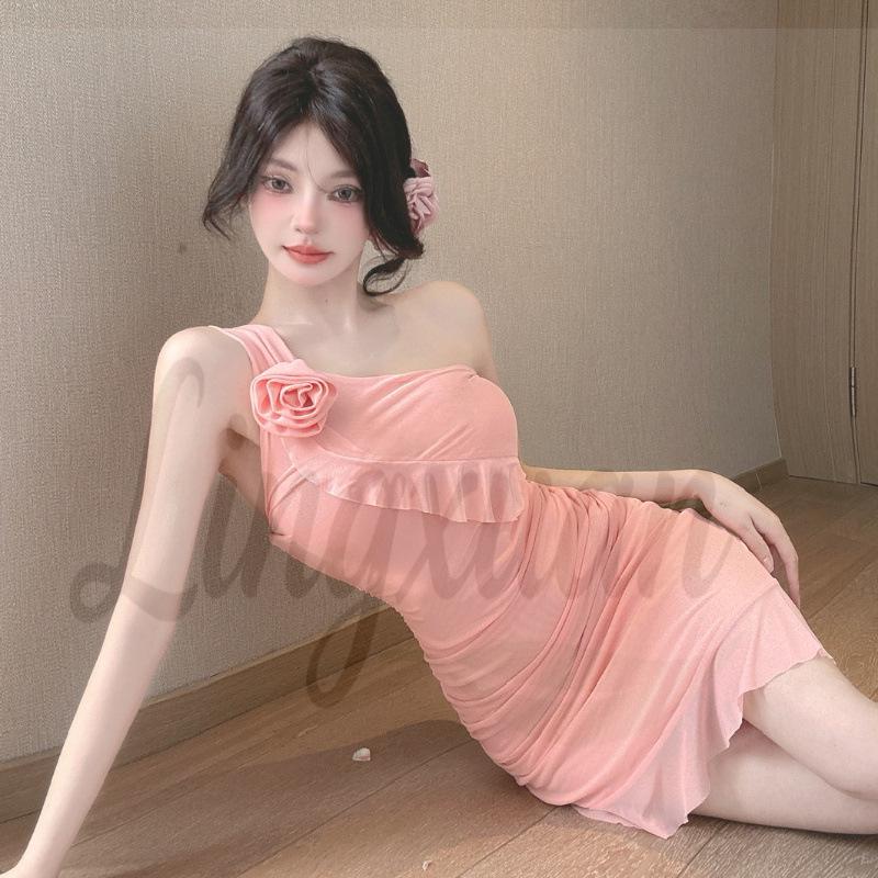 Sexy One-Shoulder Mesh Ruffled Slip Dress