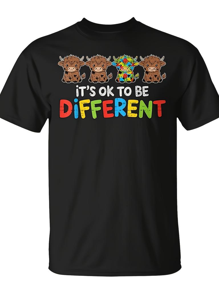 Plus Size Autism Awareness Highland Cow Crew Neck Tee Its Ok To Be Different Graphic Relaxed Fit Casual Tee Suitable For Holidays And All Occasions