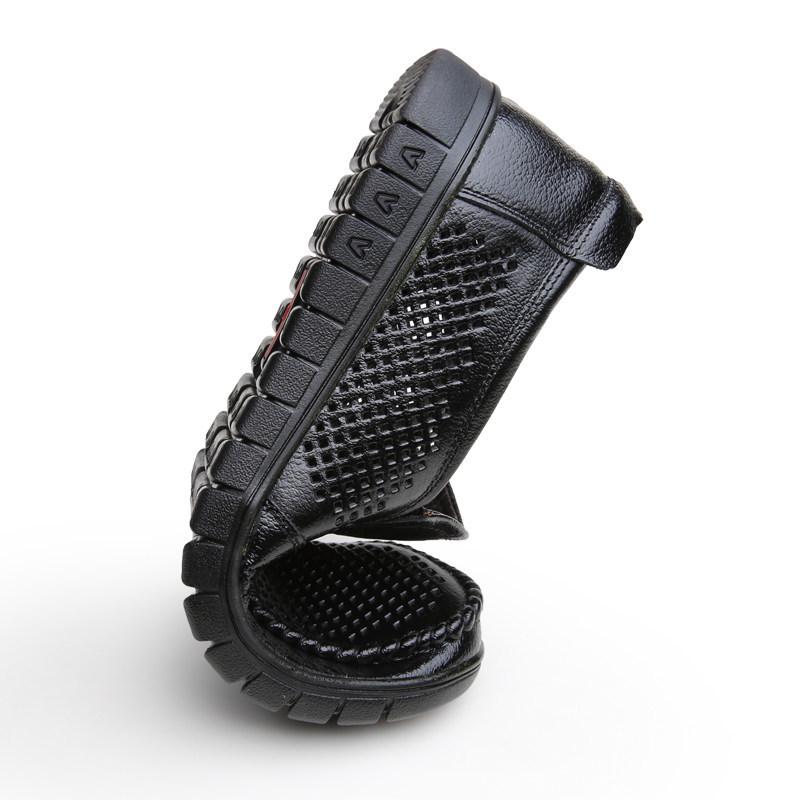 Men's Summer Breathable Leather Sandals - Hollow Out Design, Soft Sole, Cowhide for Middle-Aged & Elderly.