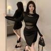 French Retro Sexy Spice Girl Hollow Long-sleeved Dress Women's Spring New Slim and Thin Stacked Hip-wrapped Short Skirt