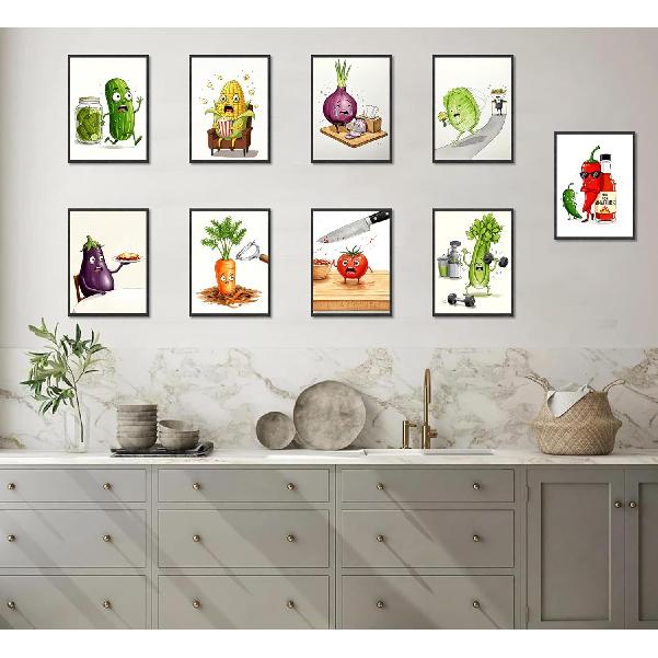 9Pcs Funny Weird Kitchen Wall Art Cute Cool Colorful Food Vegetable Painting Picture Wall Decor Whimsical Pickle Eclectic Food Art Poster Print