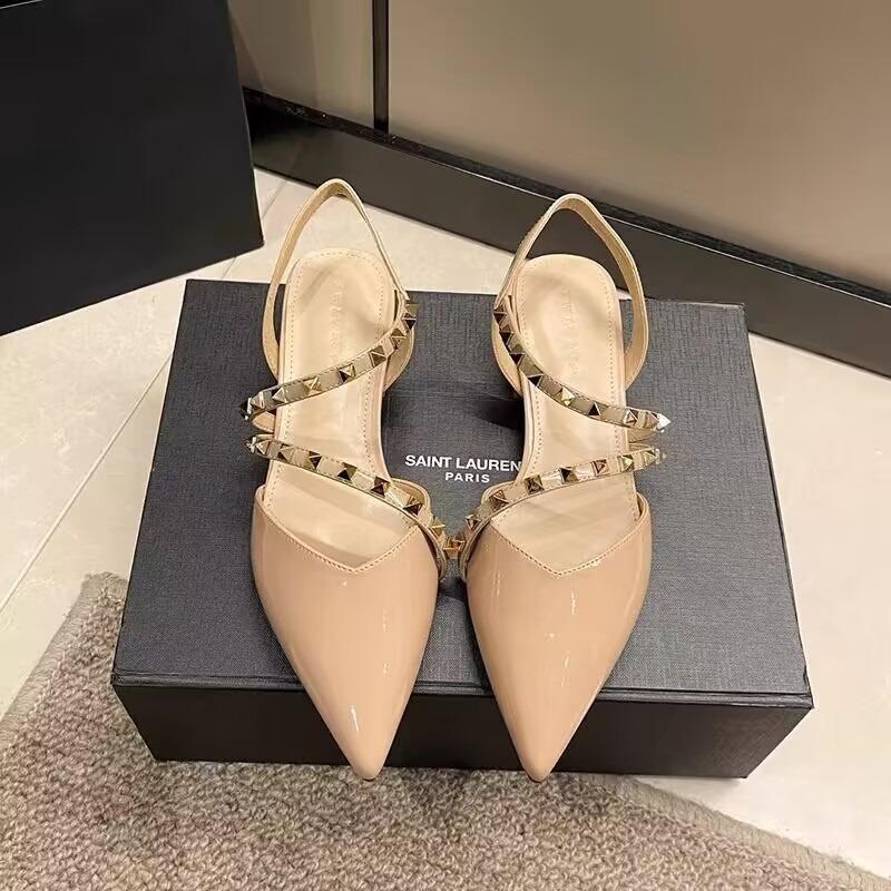 Fashion Rivet Nude Toe Sandals, Summer Thick-heeled Patent Leather Pointed Toe Single Shoes, Large-sized Women's Shoes