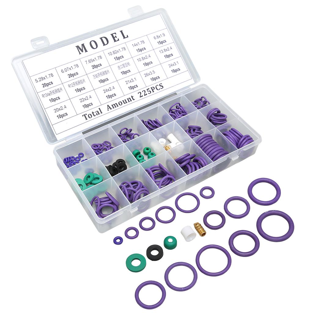225PCS Car Air Conditioner O Ring Seal Set 14 Sizes Assortment with Washer Spacer for Machinery Industry Home