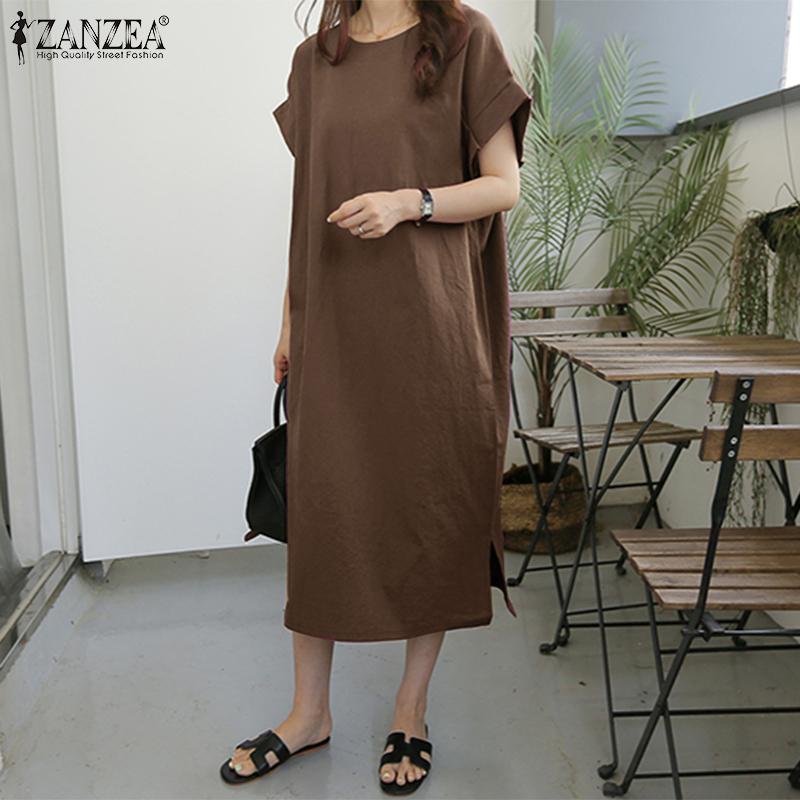 

ZANZEA Женщины O-образный вырез Короткое рукавное платье Сплошной цвет Лето Свободное повседневное платье