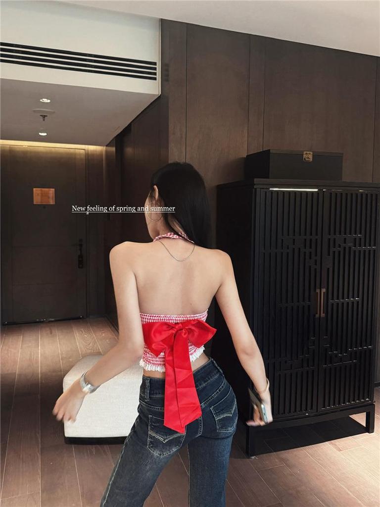 Pure & Sexy Red Plaid Lace Halter Top - Women's Summer Tank