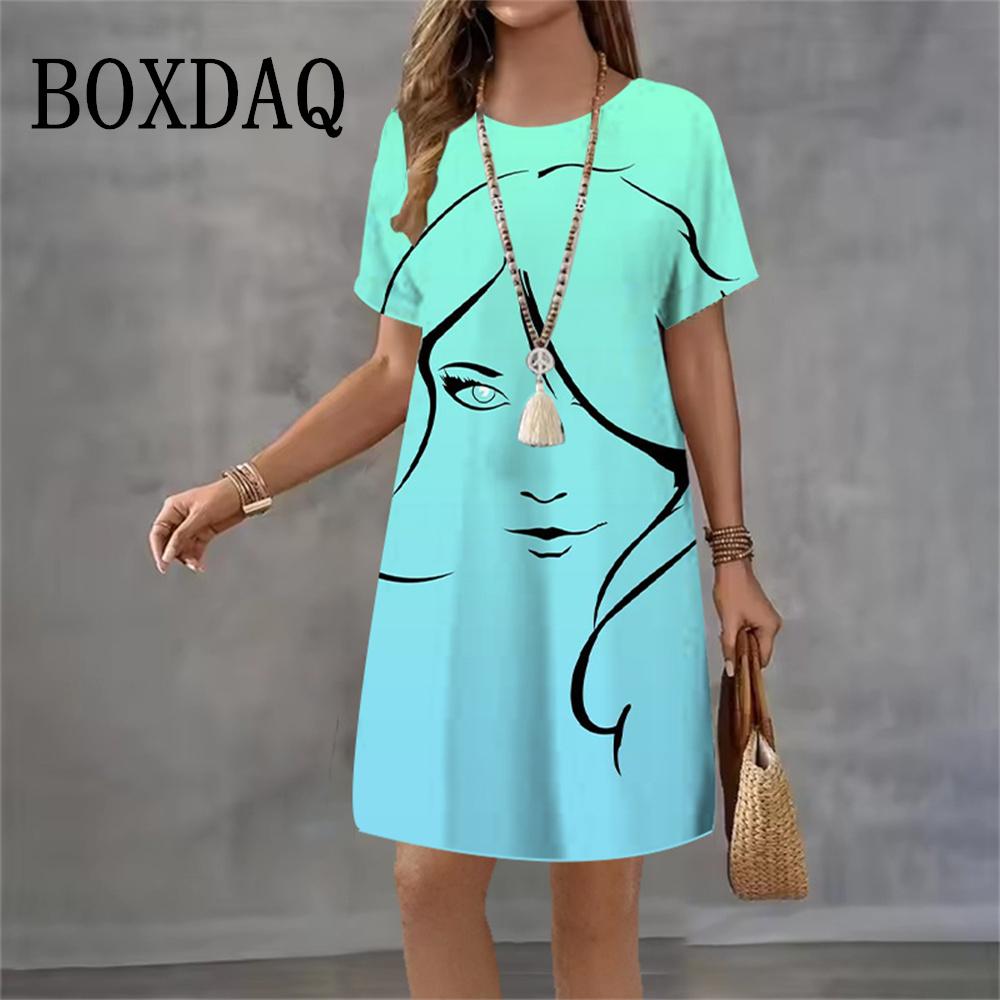 Abstract Painting Face Dresses Women 2026 New Fashion Streetwear Gradient 3D Print Short Sleeve Dress Summer Casual Loose Dress