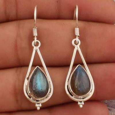 925 Sterling Silver Natural Labradorite Gemstone Earrings, Designer Handmade Pear Silver Earrings For New Year Gift