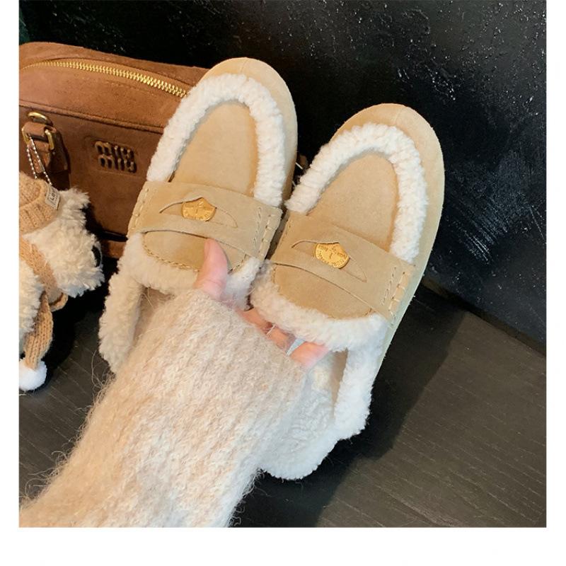 

Warm Huhu Baotou Half-drag One Pedal Fleece Gold Coin Warm Fluffy Slippers Female Winter 35 абрикосовый