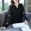 Korean Elegant Fashion V-neck Long Sleeve Gauze Loose T-shirts Black Patchwork Solid Color Casual Spring Autumn Women's Clothing