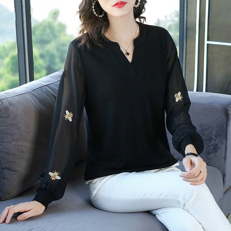 Korean Elegant Fashion V-neck Long Sleeve Gauze Loose T-shirts Black Patchwork Solid Color Casual Spring Autumn Women's Clothing