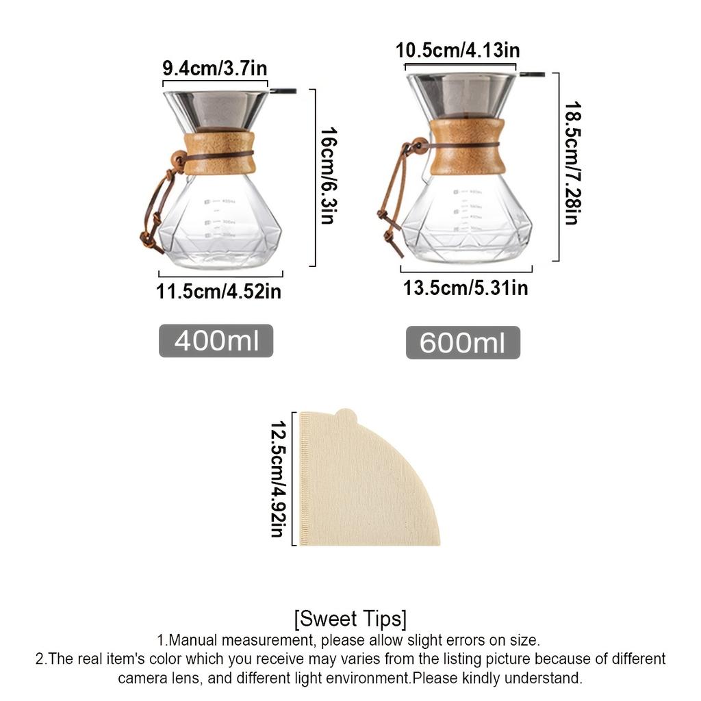 Pour Over Coffee Maker with Reusable Stainless Steel Filter and 100Pcs Filter Paper, 13.5/20oz Borosilicate Glass Coffee Carafe