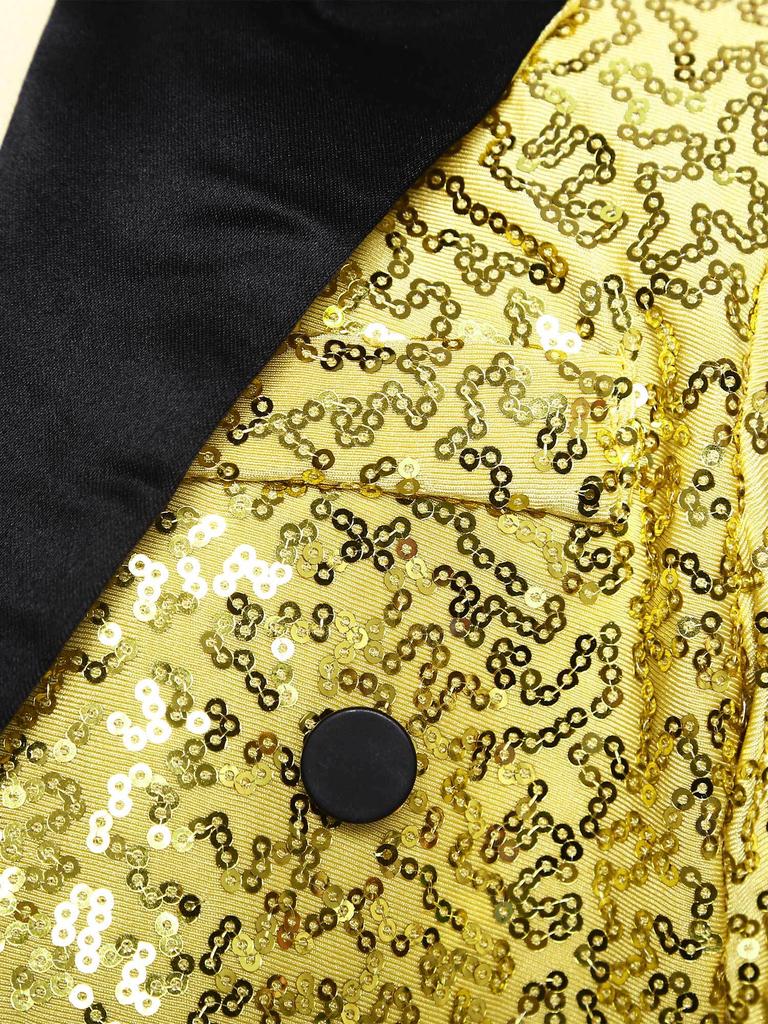 Boys Full Sequin Tailcoat Satin Peaked Lapel Open Front Long Sleeve Blazer Magic Show Performance Costume