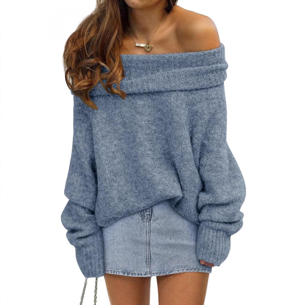 2025 New Autumn and Winter Loose Bat Sleeve Solid Color Pullover Off-shoulder Casual Knitted Sweater for Women