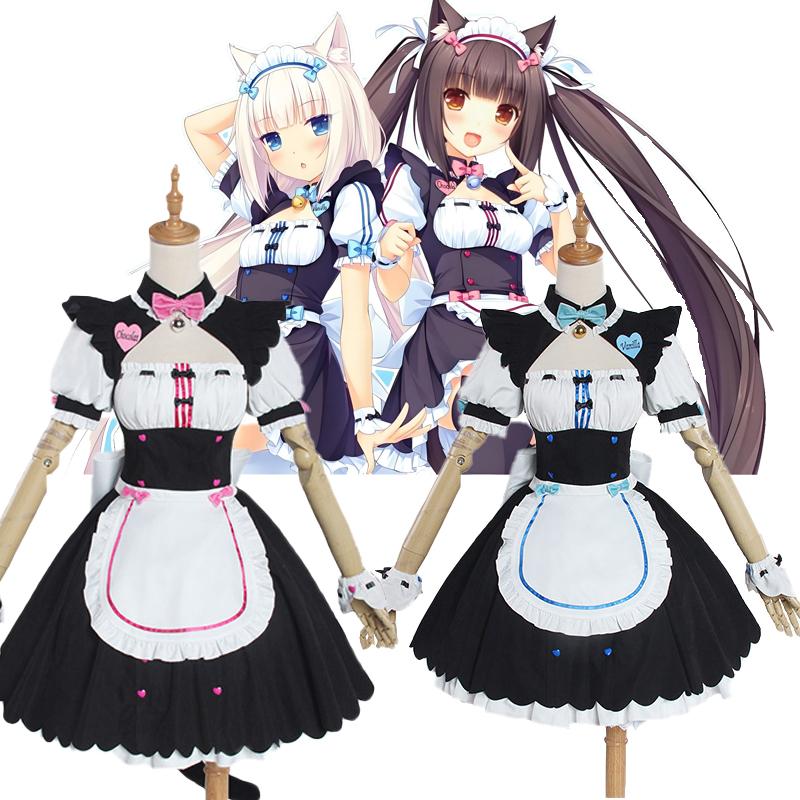 NEKOPARA Cosplay Chocola Vanilla Cosplay Dienstmädchenkleid Damen Mädchen Komplettset Süßes Lolita Halloween Party Outfits mit Perücke