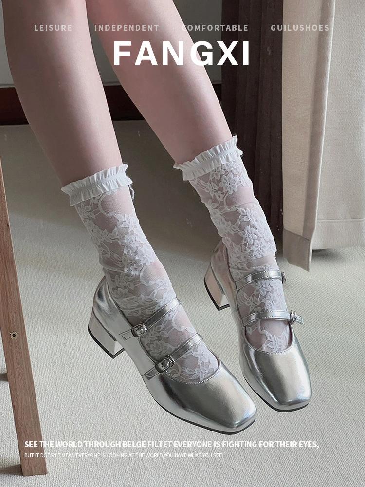 

Sheepskin version of the new French silver one-word buckle with medium heel high heels women s head Mary Jane women s shoes thick heel single shoes 35