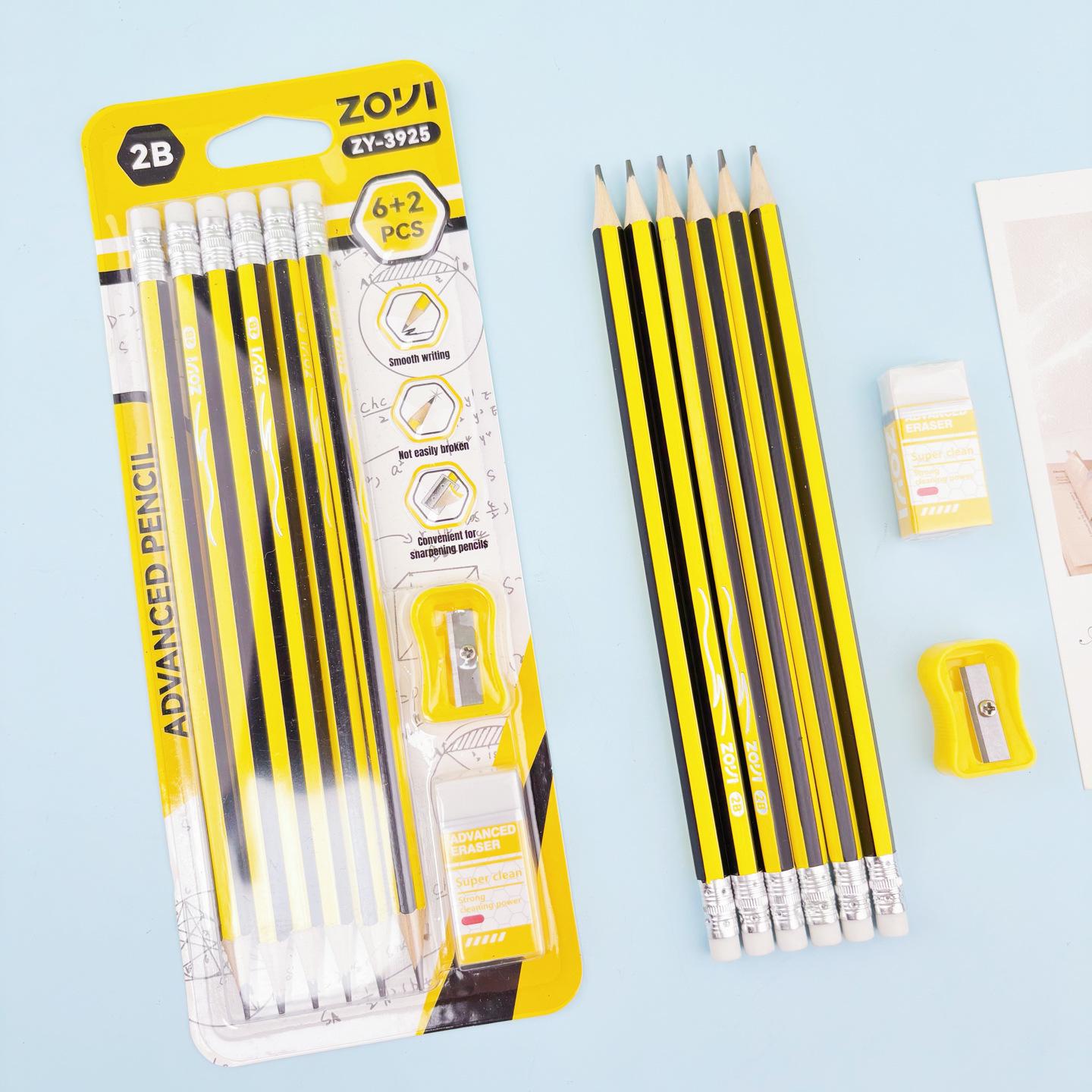 2B Black Hexagonal Pencil Set for Primary Students - English Version (6+2) 6+2 Pencil Set