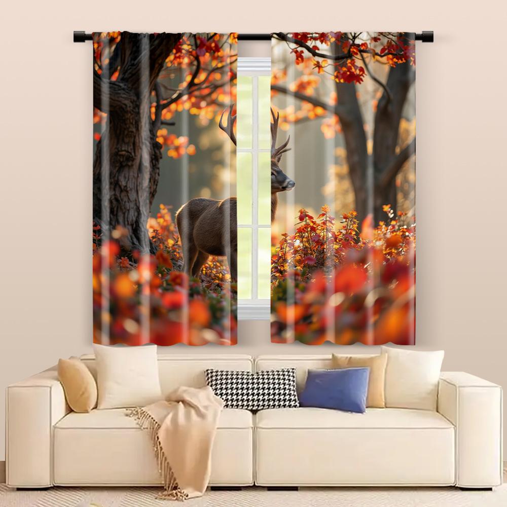 2 Pcs, Filtering Curtains (excluding Rods, Non-movable, Without Batteries) Forest Deer for Use In Bedrooms and Living Rooms