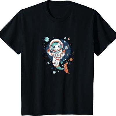 Kids Cute Astronaut Mermaid In Space Funny Planetary Kids T-Shirt