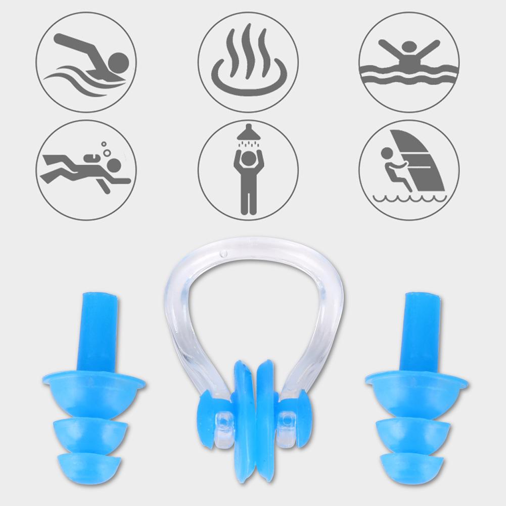 4Pcs Waterproof Soft Silicone Swimming Earplugs Earmuff Nose Clips Clamp Set Tools(Blue)