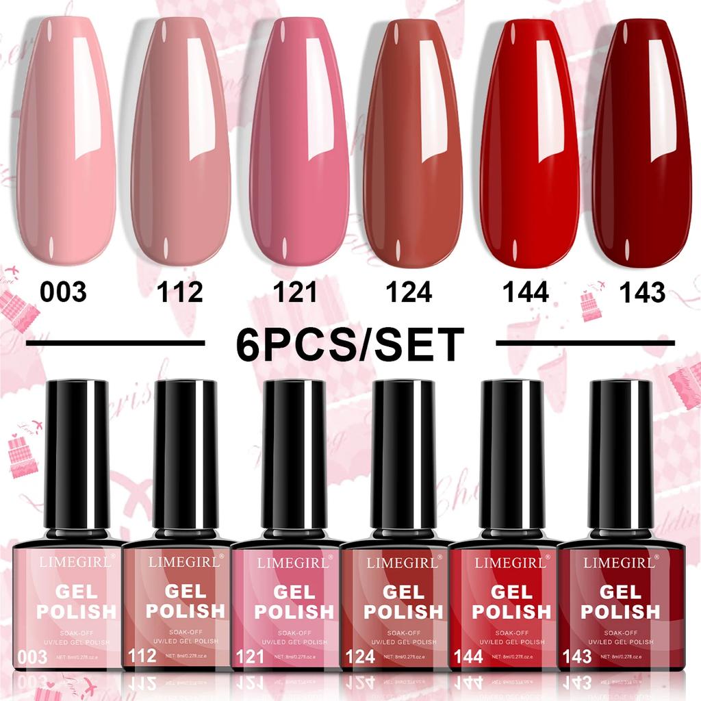 LIMEGIRL 6Pcs Gel Nail Polish Set Christmas UV Nail Polish Semi-Permanent Soak Off UV LED Varnish Nail Art Gel Kit