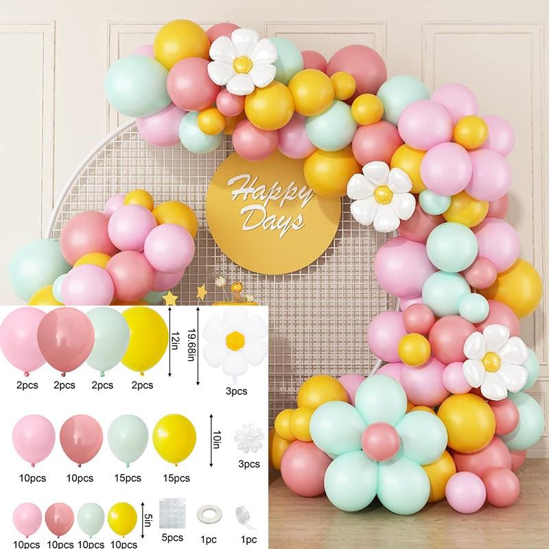 Colorful Macaron Daisy Wedding Dessert Table Decoration Set with Balloon and Flower Garland