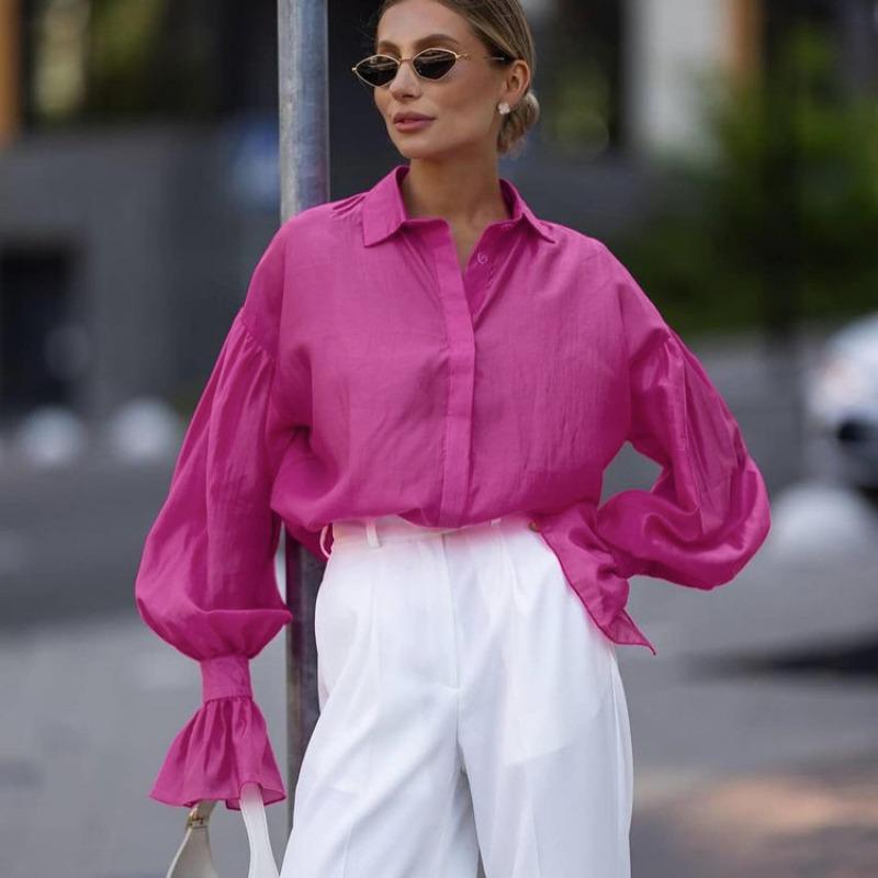 

Fashion Loose Solid Color Women s Blouse 2026 Elegant Lapel Long Sleeve Office Lady Shirts Casual Classic Top Spring Female Clothing L темно-рожевого кольору