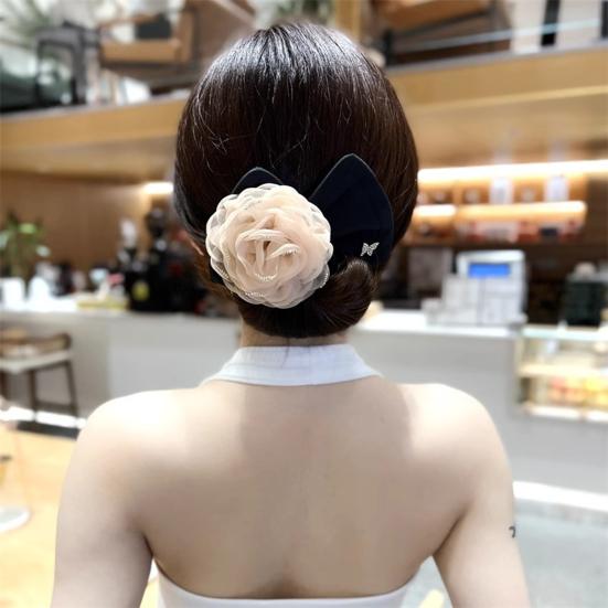 Hair Band Easy to Use French Spiral Hair Tie with 3D Mesh Yarn Flower Decor Wire Bun Maker Hair Accessories