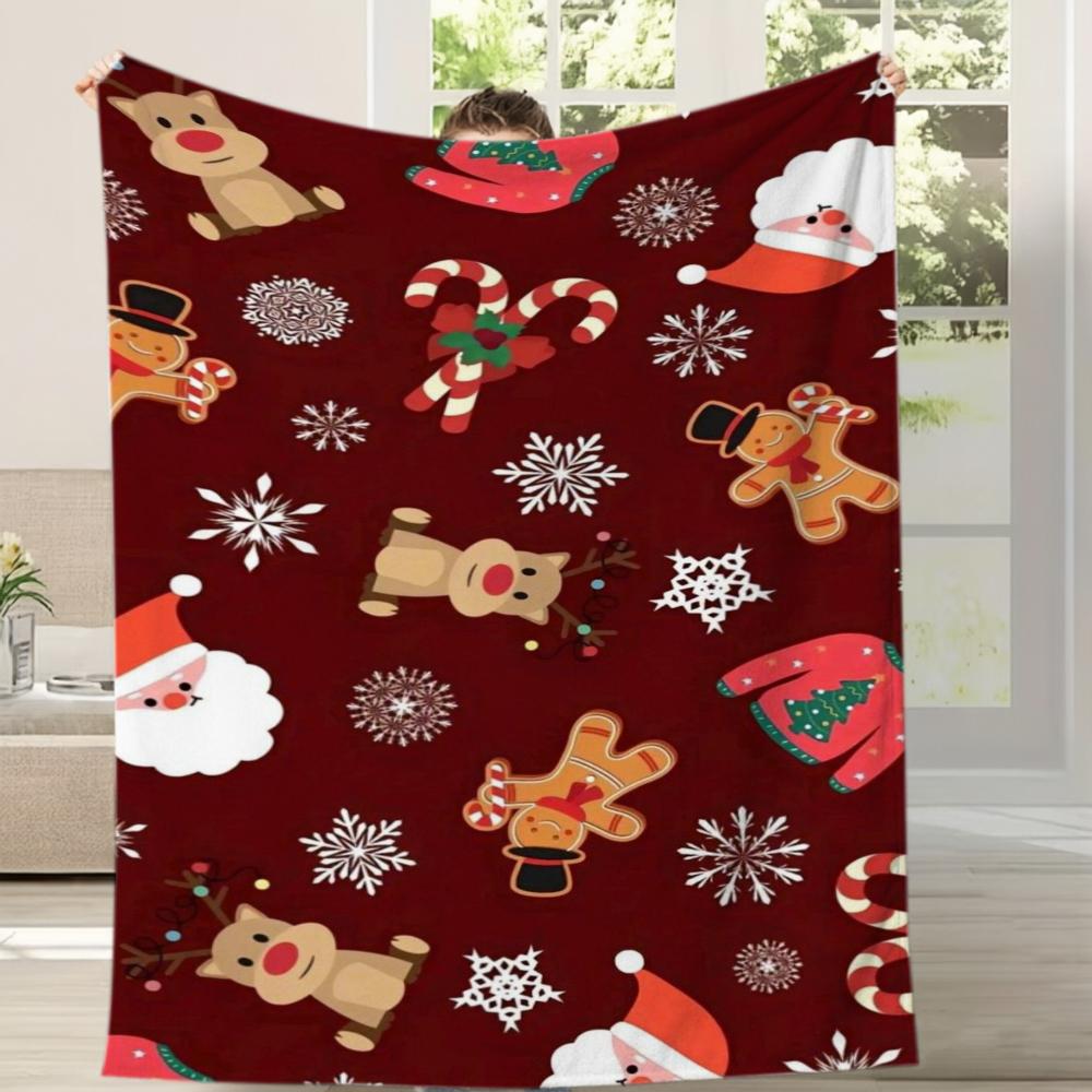 2D Printed Cream Red Candy Cane Bow Ribbon Pattern Throw Blanket For Holiday Party Xmas Gift Living Room Decor